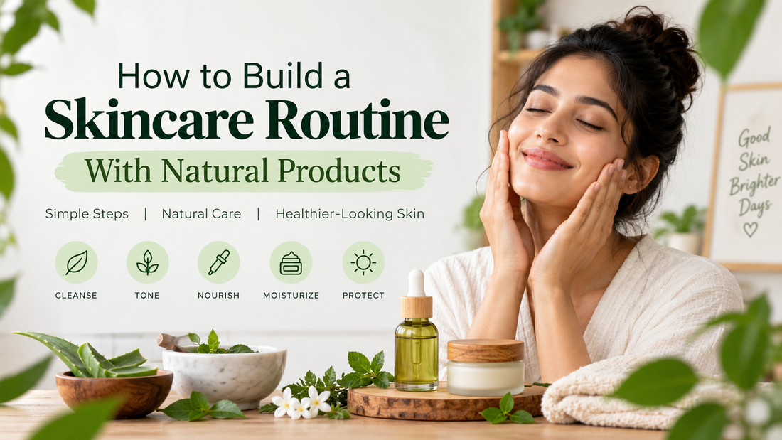 Natural skincare routine with botanical skincare products and a woman applying skincare