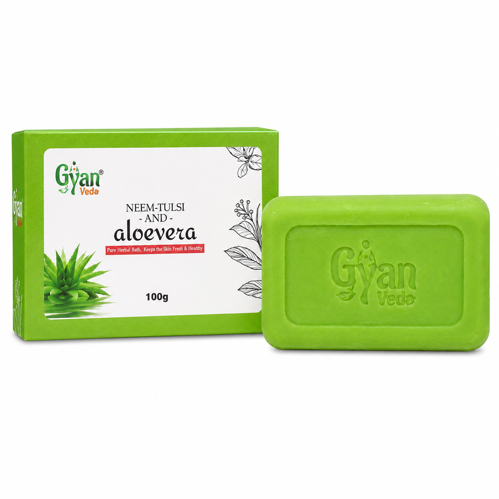 A green rectangular bar of soap with 'Gyanvede' embossed on it, shown next to its green and white cardboard packaging box on a plain white background.