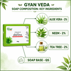 A promotional graphic for Gyanveda Neem-Tulsi and Aloe Vera soap. It features a green and white box of the soap on the left, connected by lines to circular illustrations of aloe vera, neem leaves, tea tree, and the soap base, with text detailing the 2% aloe vera, 2% neem, and 2% tea tree ingredients.