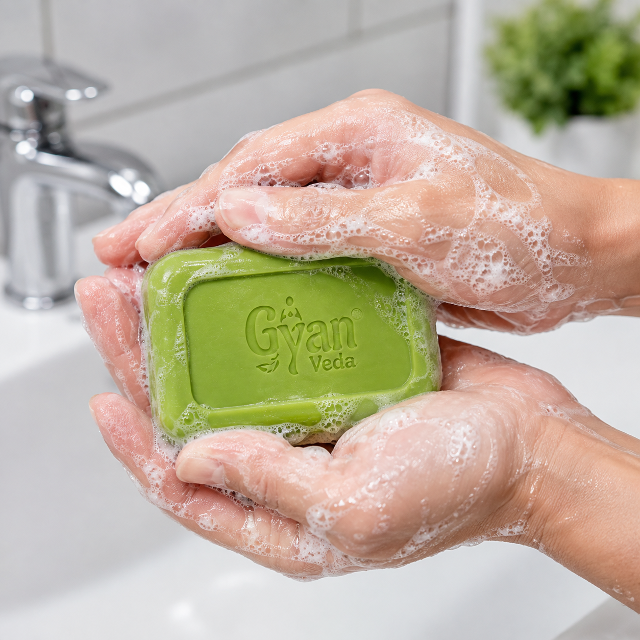 A person's hands covered in lathered soap wash are holding a green rectangular bar of Gyanveda soap over a white sink with a chrome faucet in the background.