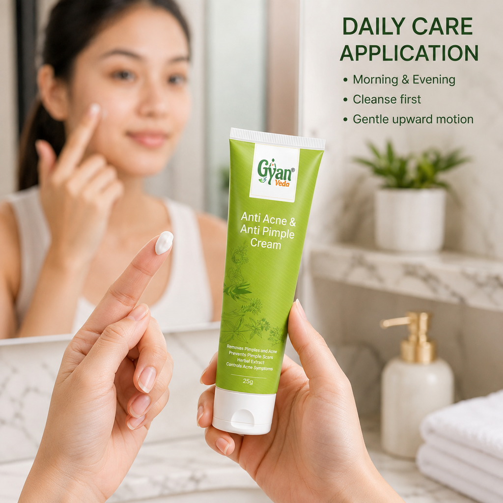 A hand holds a green tube of Gyan of Kerala Anti Acne & Anti Pimple Cream in front of a bathroom mirror where a woman is applying cream to her face. Text on the right reads 'DAILY CARE APPLICATION' with bullet points.