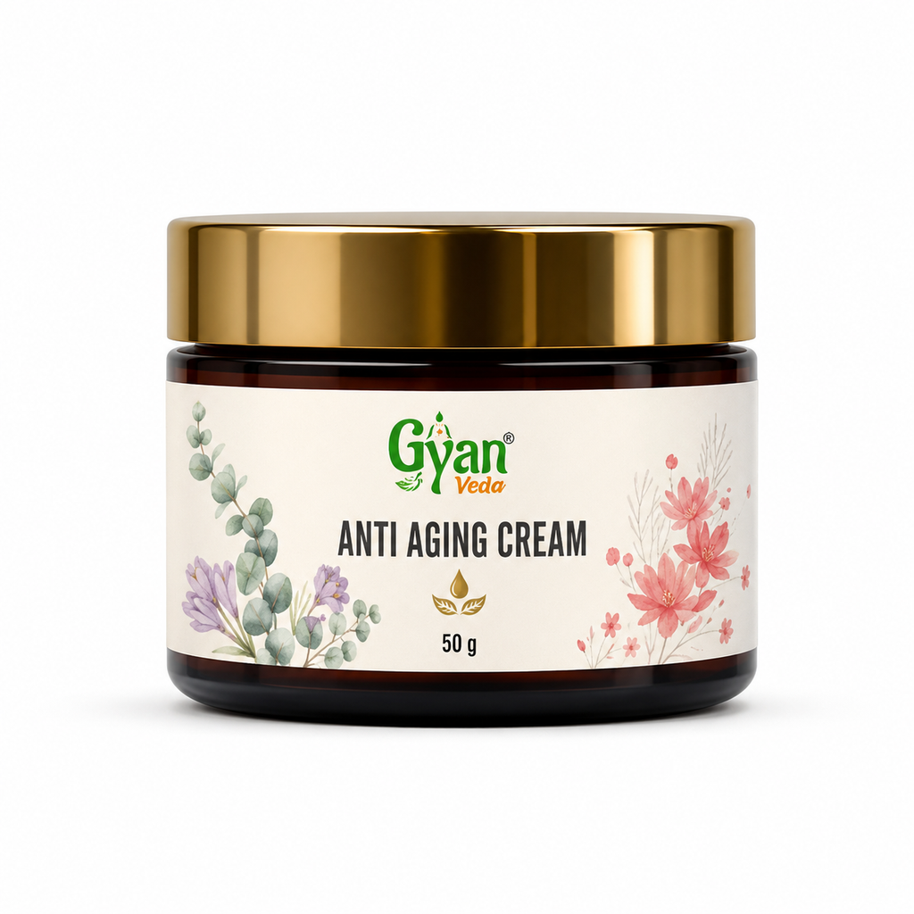 A 50g jar of Gyan Yeda Anti Aging Cream, featuring a shiny gold metallic lid and a cream-colored label decorated with botanical illustrations, set against a plain white background.