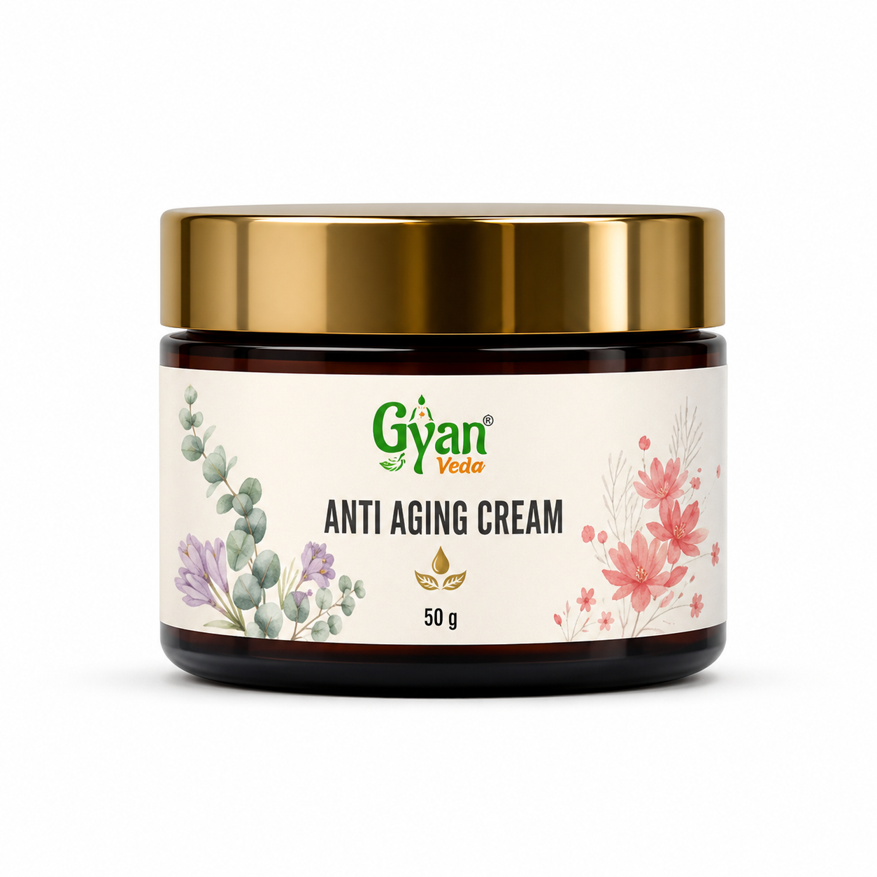 A 50g jar of Gyan Yeda Anti Aging Cream, featuring a shiny gold metallic lid and a cream-colored label decorated with botanical illustrations, set against a plain white background.