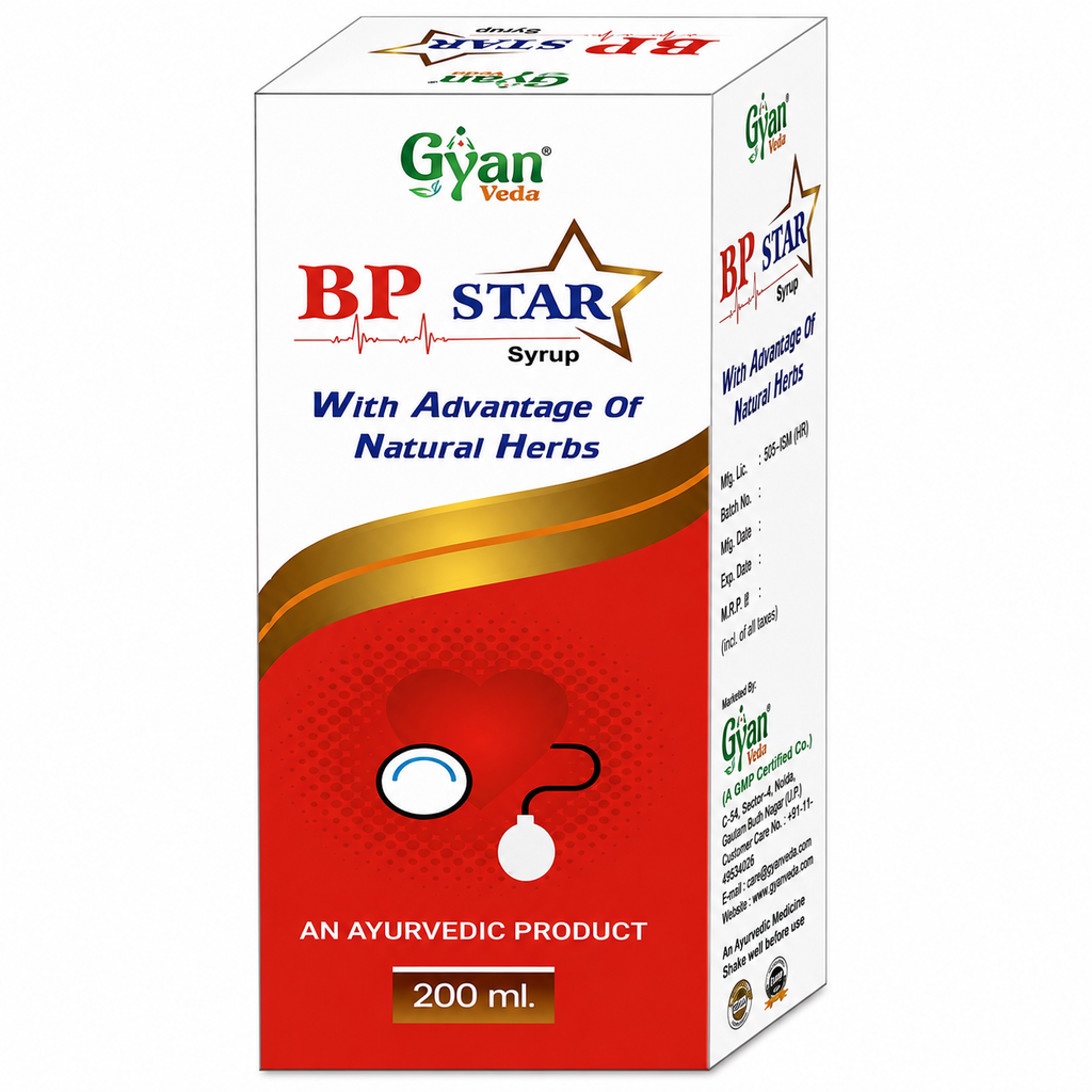 A 200 ml box of Gyan Veda BP Star Syrup, an ayurvedic product. The packaging is white with a prominent red lower section, gold wave accents, and blue and green text.