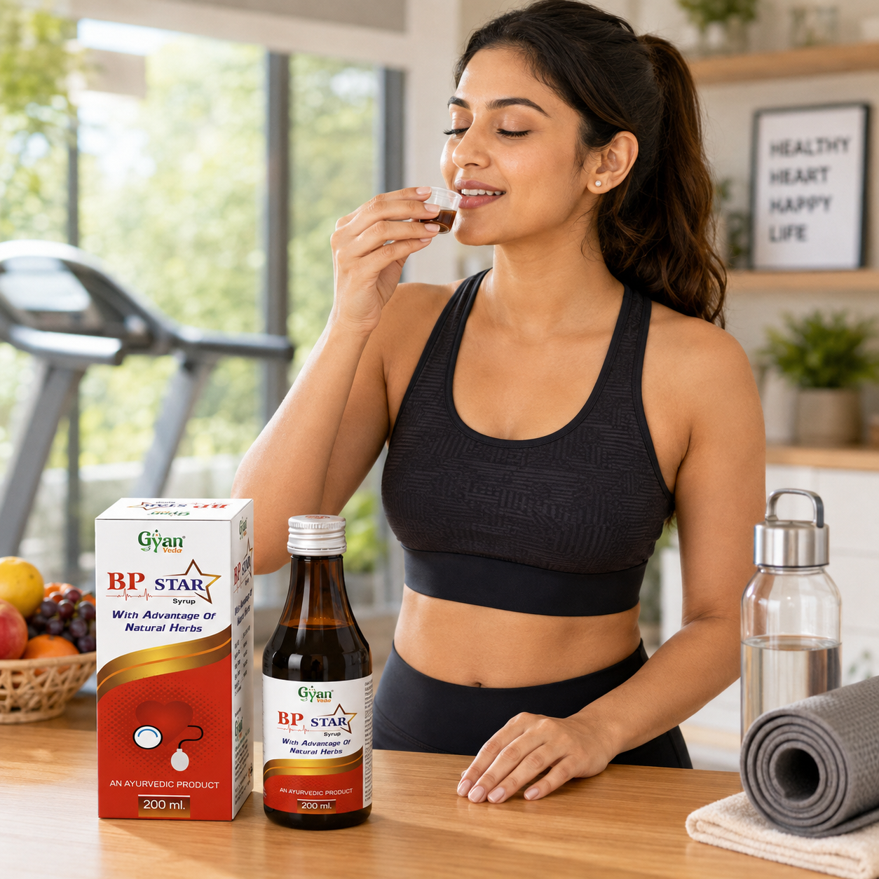 A woman in a black sports bra and leggings stands at a wooden table, holding a small pill near her mouth. On the table are a bottle and box of Gyan BP Star Blood Pressure Caps, alongside a water bottle, rolled mat, and fruit.