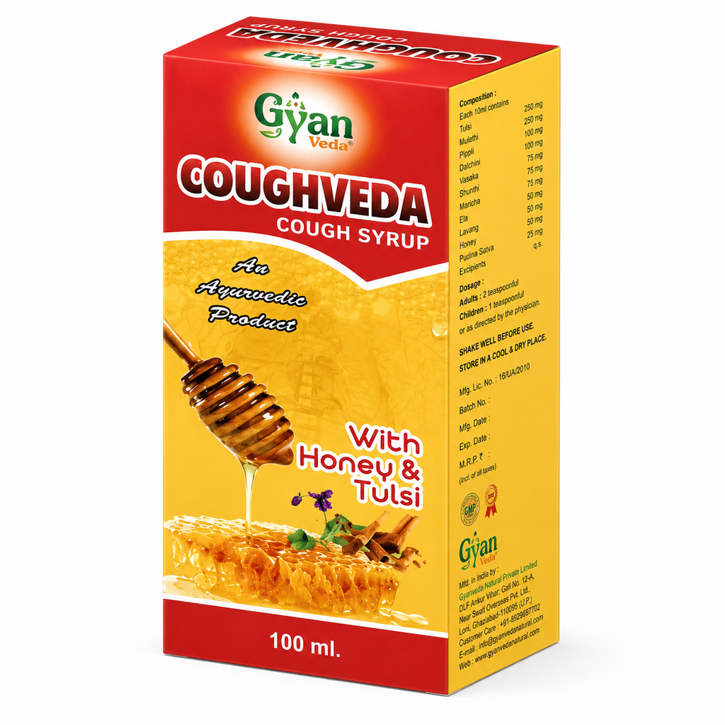 A 100 ml box of Gyan Veda Coughveda Cough Syrup, featuring a red and yellow packaging design with illustrations of honey dripping from a wooden dipper and a honeycomb.