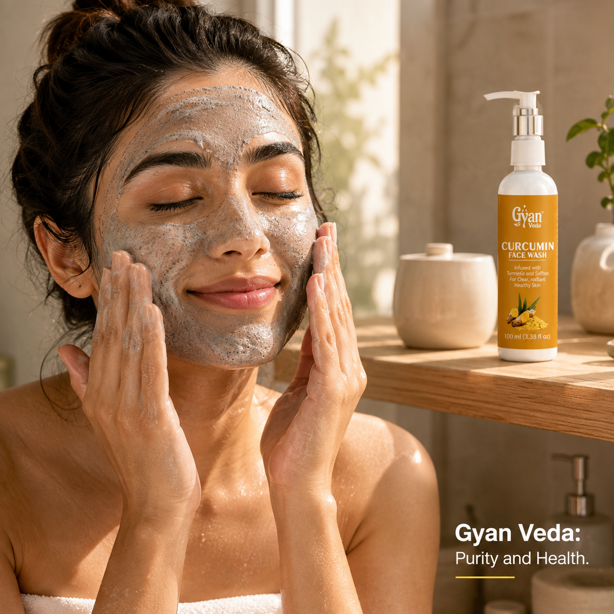 A woman with a gray clay face mask applies cleansing pressure to her cheeks beside a bottle of Gyan Veda Clucumin Face Wash on a wooden shelf. The scene is set in a warm, softly lit bathroom with neutral ceramic containers in the background.