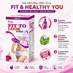 Gyan Fit to Look Syrup 300 ml box packaging on a pink and white promotional background with text highlighting Ayurvedic wellness benefits and sugar-free features.