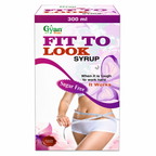 A 300 ml box of Gyan Veda Fit To Look Syrup, featuring a white and purple design with a graphic of a woman measuring her waist with a tape measure.