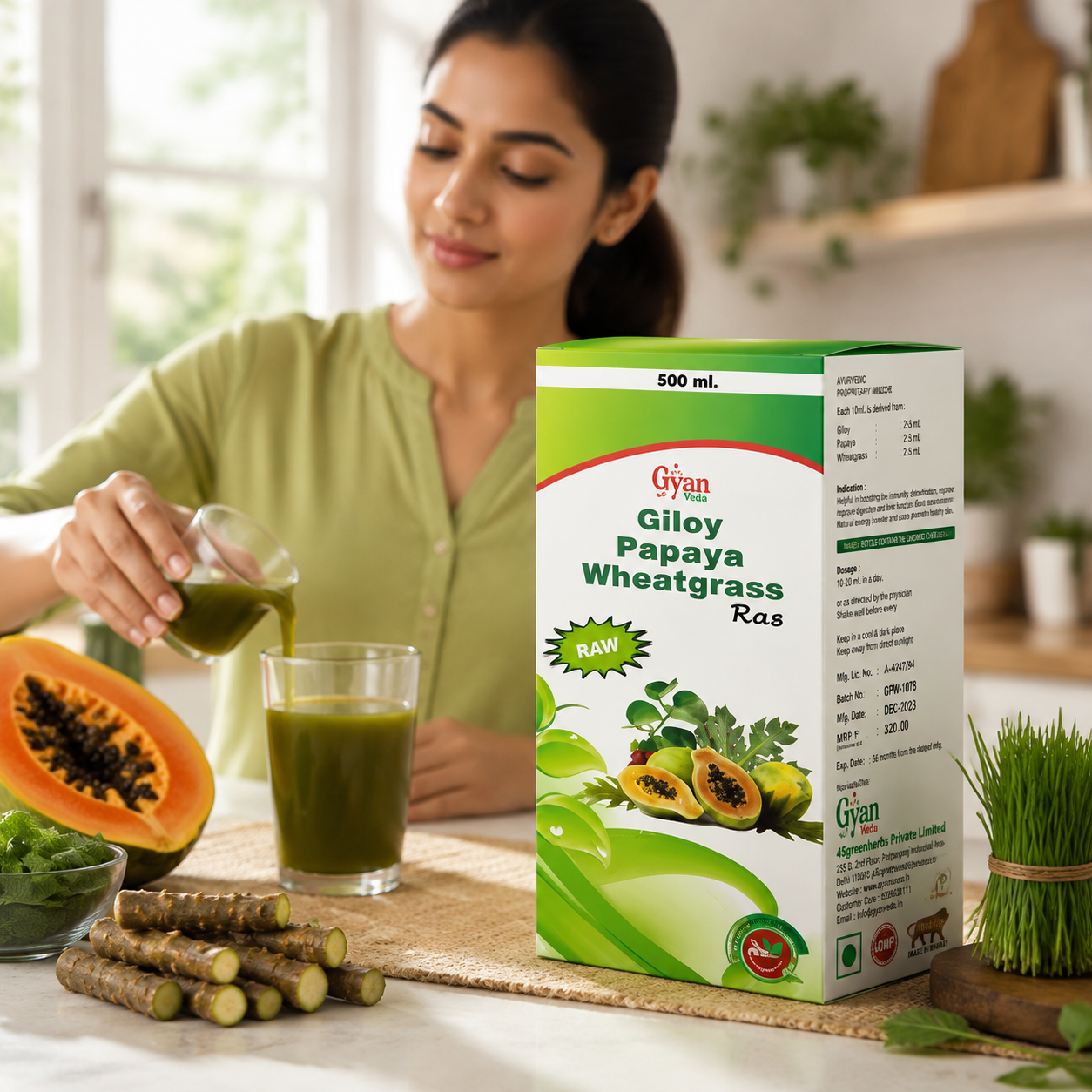 Giloy, Papaya & Wheatgrass Herbal Juice | GPW Juice - Gyanveda