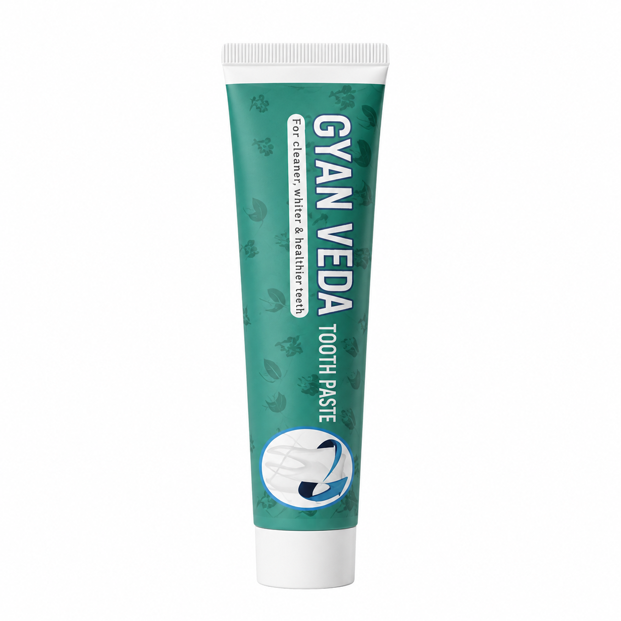 A tube of Gyan Veda Tooth Paste on a solid white background. The tube is teal green with white text and graphics, featuring a white cap.