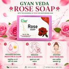 Gyanveda Rose Soap bar packaging shown in a promotional graphic with pink roses, decorative text, and three benefit callouts for moisturizing, acne reduction, and skin soothing.