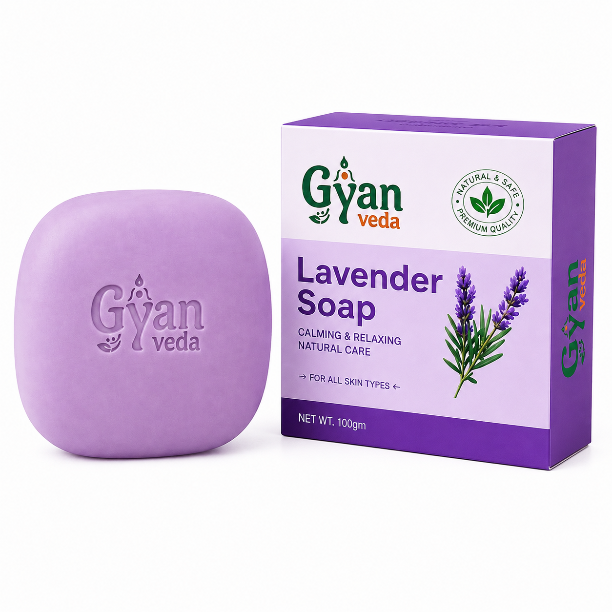 A lavender soap bar next to its retail packaging box on a clean white background. The soap is lavender purple with the brand name 'Gyan veda' embossed on it, and the box features a matching purple and lavender color scheme with an illustration of a lavender plant.