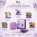 A promotional infographic for Gyan Veda Lavender Soap. The image features a purple bar of soap and its purple packaging box on a white marble pedestal, surrounded by illustrations of lavender flowers and text detailing the natural ingredients (lavender oil, goat milk, olive oil, glycerin, almond oil) that make up the soap.