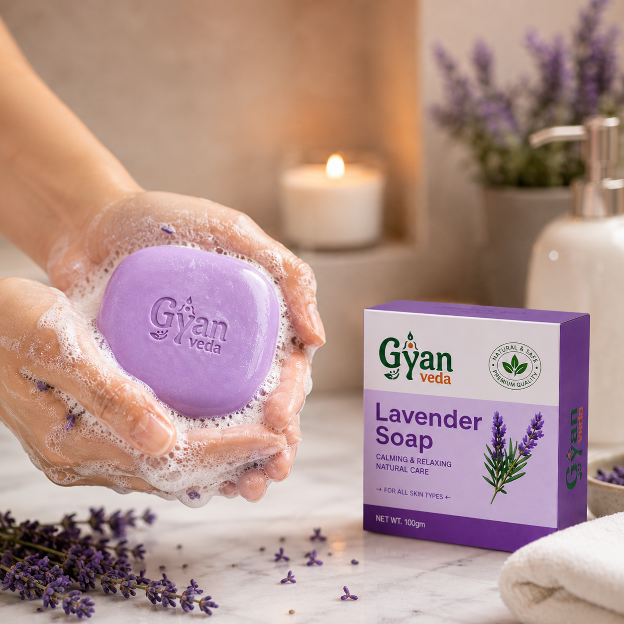 A person holds a lavender-colored bar of soap covered in white lather, with a purple and white Gyan Veda Lavender Soap box beside it on a marble surface. Lavender sprigs, a lit candle, and a soap dispenser are softly blurred in the background.