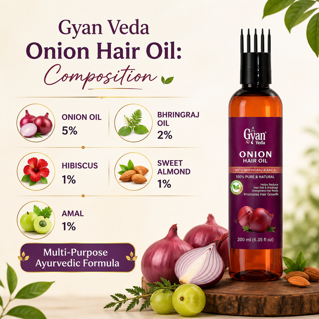 A bottle of Gyan Veda Onion Hair Oil stands on a wooden slice with onions, almonds, and green olives around it. The left side includes a composition infographic with text listing ingredients: onion oil 5%, bhringraj oil 2%, hibiscus 1%, sweet almond 1%, and amal 1%.