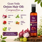 A bottle of Gyan Veda Onion Hair Oil stands on a wooden slice with onions, almonds, and green olives around it. The left side includes a composition infographic with text listing ingredients: onion oil 5%, bhringraj oil 2%, hibiscus 1%, sweet almond 1%, and amal 1%.