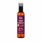 A bottle of Gyan & Vida Onion Hair Oil with an amber-colored liquid inside, a dark purple label featuring red onions, and a black multi-prong applicator cap, shown on a plain white background.