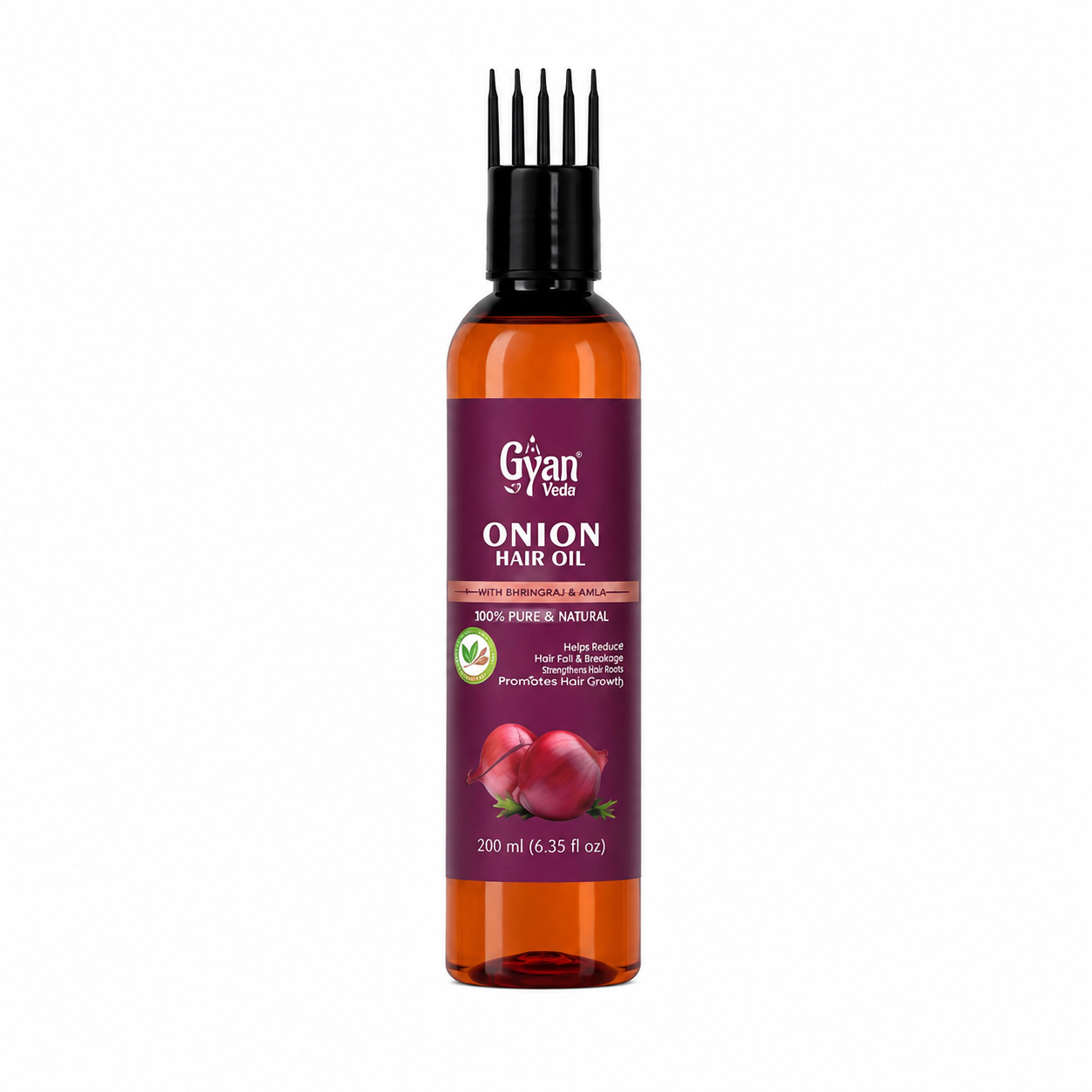 A bottle of Gyan & Vida Onion Hair Oil with an amber-colored liquid inside, a dark purple label featuring red onions, and a black multi-prong applicator cap, shown on a plain white background.