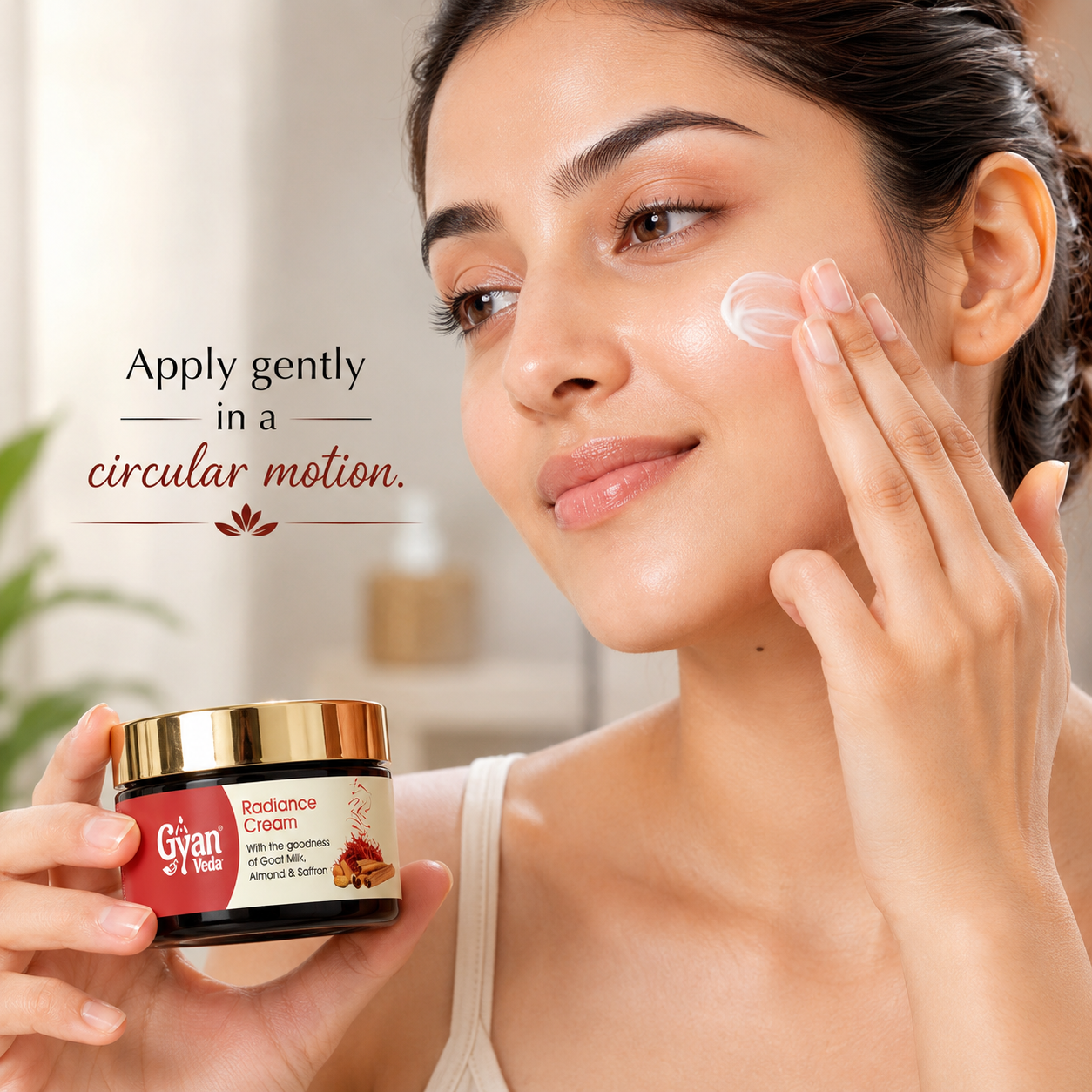 A woman applies a clear cream to her cheek while holding a jar of Givani Radiance Cream. The image includes the text 'Apply gently in a circular motion.