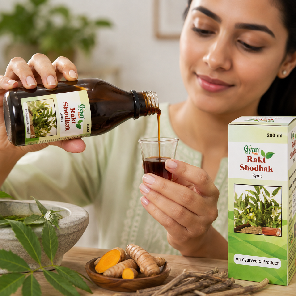 A woman pours dark reddish-brown Ayurvedic syrup from a glass bottle labeled 'Gyani Rakt Shodhak Syrup' into a small glass. The product box is visible on the right, and turmeric roots, a mortar and pestle, and cannabis leaves sit on a wooden table in a softly lit indoor setting.