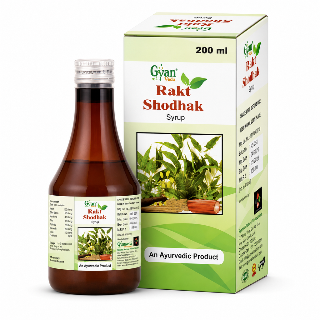 A bottle of Gyan Vaidya Rakt Shodhak Syrup next to its green and white retail box, displayed on a clean white background.