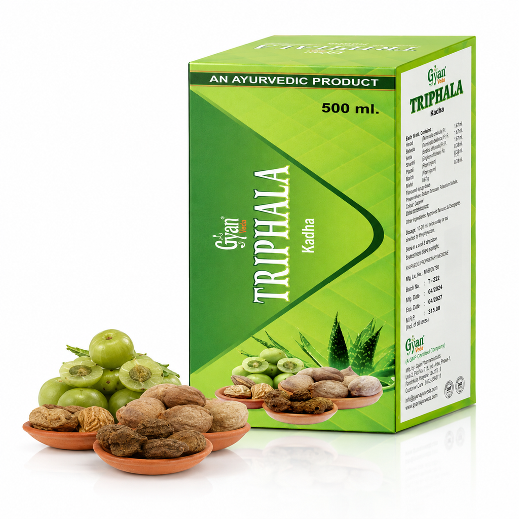 Gyan Triphala Kadha 500ml Ayurvedic digestion supplement box and natural ingredients on a white background